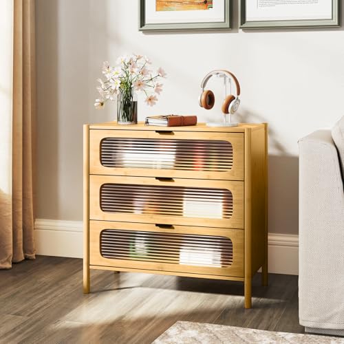 COSTWAY Commode Bois 3 Tiroirs, Commode Chambre Adulte en Bambou, Tiroirs en Verre Trempé Rayé, Buffet Cuisine Colonne, 80 x 40 x 78,5 cm