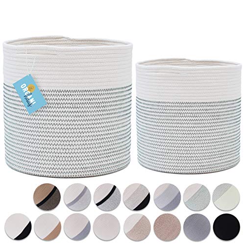 2-Pack Stylish OrganiHaus Cotton Rope Planter Baskets for Indoor Plants | Storage Baskets for Crafts, Toys, Towels and More. Choose from 16 Exciting Styles (12x12 & 10x10 - White w/ Black Stitches)