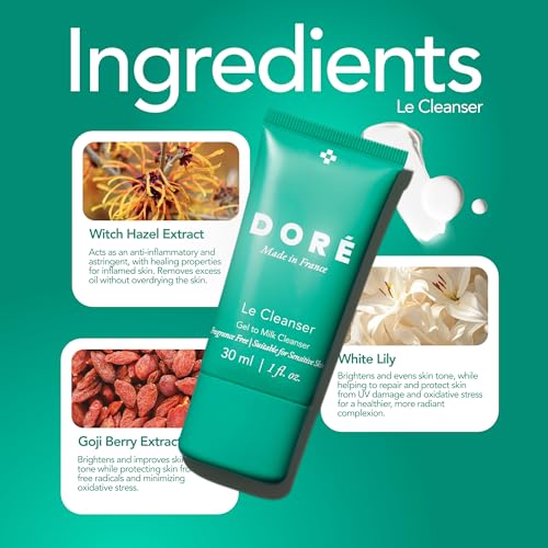 Image of Dore - Le Cleanser Gel to Milk Daily Face Cleanser | Gentle Hydrating Cleaner for Dry & Sensitive Skin | Makeup Remover for Women & Men for Face (1 fl oz | 30 ml)