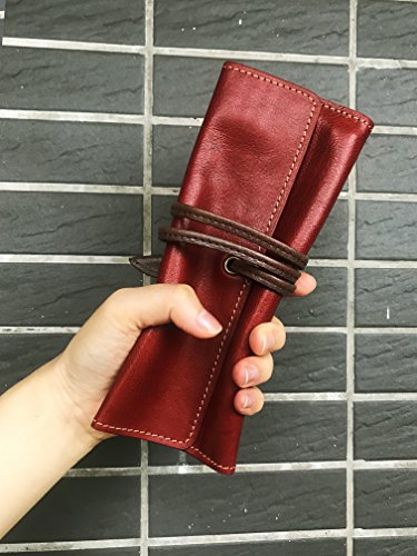 Image of ZLYC Handmade Leather Pencil Case Soft Roll Bag Stationery Gift,Red | multi slot pen storage design,school class daily use,office desk organizer,graduation holiday gift,foldable portable size