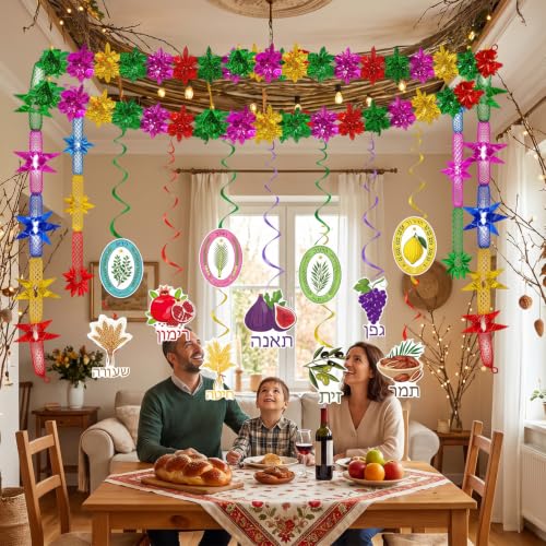 Image of Gameza Happy Sukkah Party Decorations - 23PCS Glitter Happy Sukkot Garland Hanging Swirls Fruit Strings Ornaments Party Decor, Chag Sameach Harvest Jewish Holiday Festival Supplies