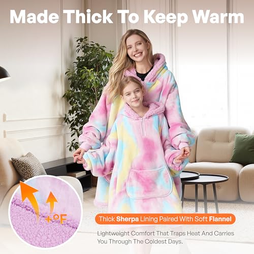 Image of Giggling Getup Wearable Blanket Hoodie for Girls and Boys Warm Cozy Sherpa Fleece Hooded Blanket Sweatshirt Oversized Hoodie with Giant Pocket & Sleeves for Kids Cotton Candy Tie Dye