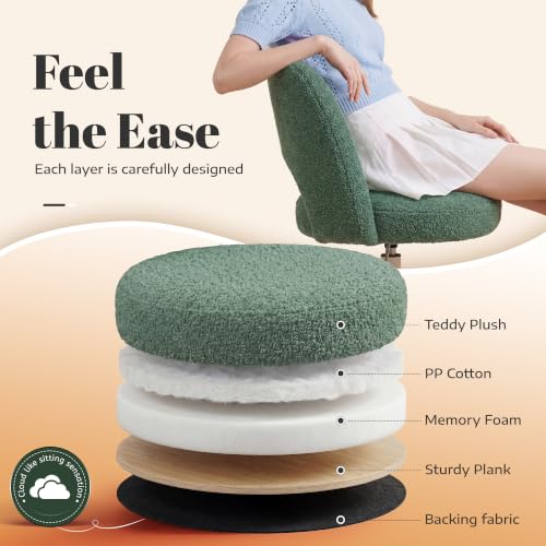Image of DurayLoly Vanity Chair with Wheels,Open Back,Armless,Green | Soft Teddy Fabric, 6 inch Thick Cushion, Height Adjustable, 300 lbs, 360 Swivel for Vanity Table, Home Office