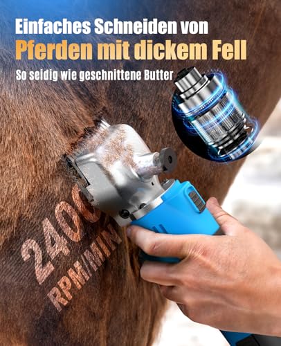 oneisall Schermaschine Pferd 2 Akkus, Professionen pferde schermaschine für Dickes und Verfilztes Haar, kabellose Schermaschinen pferde mit 2400 PRM/MIN Leistungsstarkem Motor (Blau)