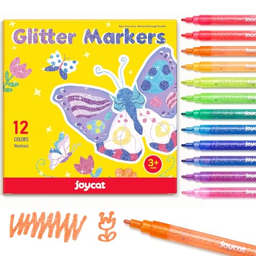 JoyCat 3mm Medium Tip Glitter Markers - 12 Vibrant Colors (Red to Pink) | 3ml High-Capacity Ink | Multi-Surface Paint Pens for Rock Wood Fabric Glass | Gift for Kids DIY Crafts