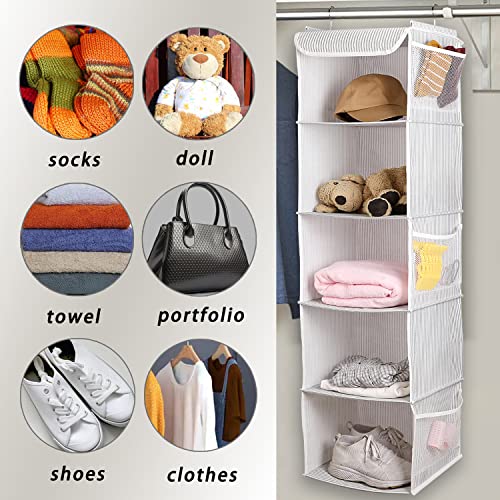 Image of BrilliantJo Hanging Storage with 5 Shelf Set of 1 Wardrobe Closet Organiser, Storage Rack Unit with 6 Pockets for Clothes - (Grey Strip, 5-Shelf)