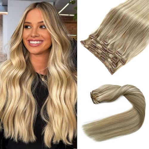 Image of Clip in Hair Extensions Real Human Hair, Ash Blonde Balayage Blonde Highlights Hair Extension Real Human Hair Clip ins 14 Inch 7pcs 70G Double Weft Hair Extensions Human Hair Clip in Extensions