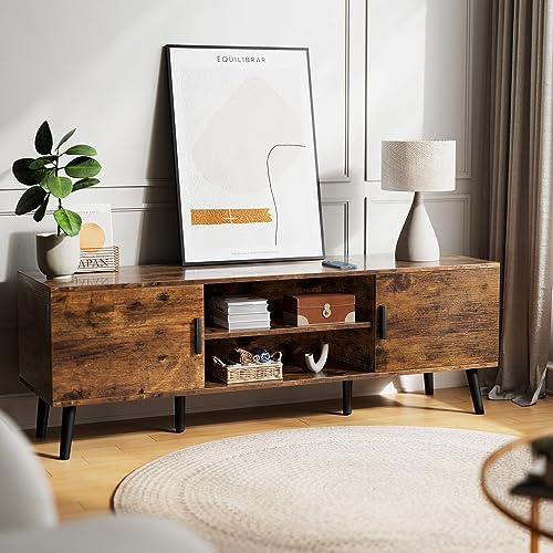 Superjare Tv Stand For 55 Inch Tv, Entertainment Center With Adjustable Shelf, 2 Cabinets, Tv Console Table, Media Console, Solid Wood Feet, Cord Holes, For Living Room, Bedroom, Rustic Brown #TOP2