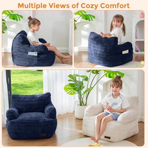 Image of MAXYOYO Kids Bean Bag Chair, Stuffed Toddler Bean Bag Sofa with Filler | Bean Bag Chair for Boys and Girls, Boho Striped Fabric Lazy Sofa with Pocket Floor Chair for Gaming, Reading, Navy