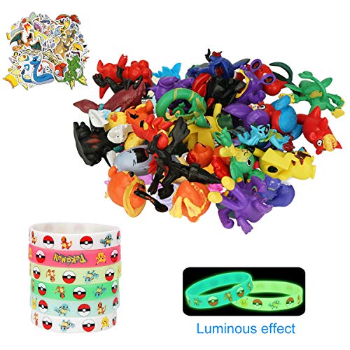 Herefun 25 Piezas Pokemon Monster, Pokemon Pikachu Monstruo, Pokemon Figuras 3-5 CM, 12 Pcs Pulsera de Silicona, Pegatina Pikachu, Mini Figure Juguete Set Fiesta para Regalos Niños Niñas