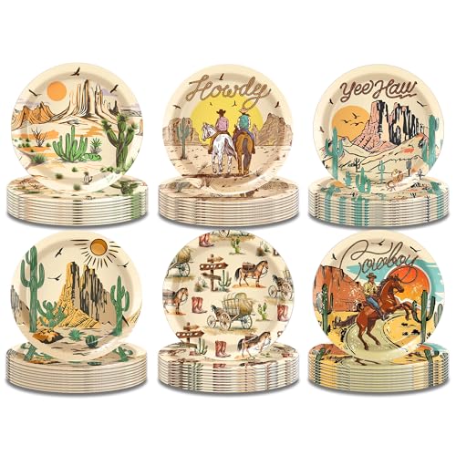 OXYLIPO 48 Pieces Western Cowboy Cowgirl Paper Plates 7 Inch Disposable Wild West Rodeo Pattern Dessert Plates for Baby Shower Birthday Party Rodeo Bachelorette Party Decorations Tableware Supplies