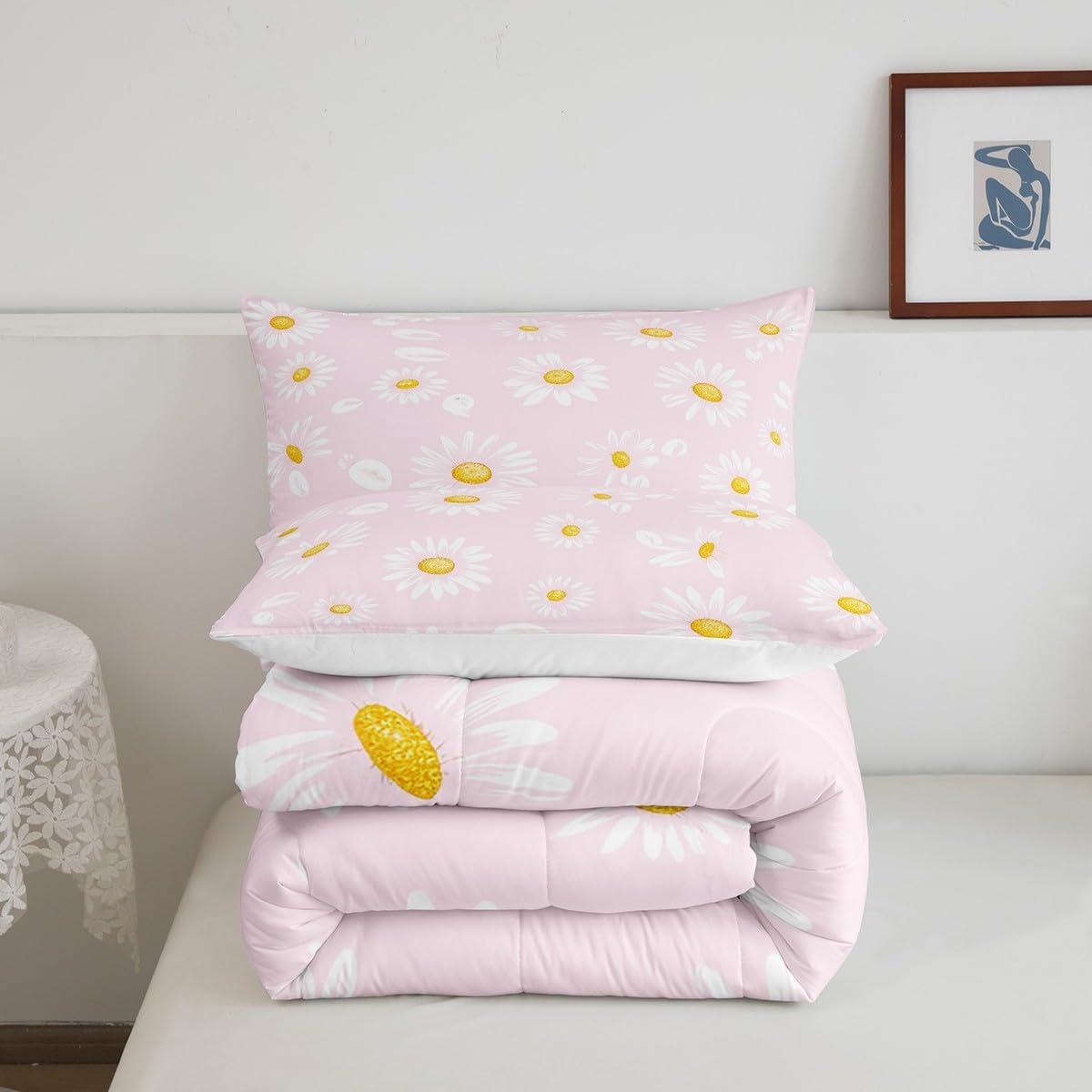 Manfei White Daisy Kids Comforter Set Twin Size,Flowers Plants Rustic Farmhouse Bedding Set,Girls Boys Adults Room Decor,Botanical Florals Theme Down Comforter,Pink Romantic Duvet Insert,1 Pillowcase