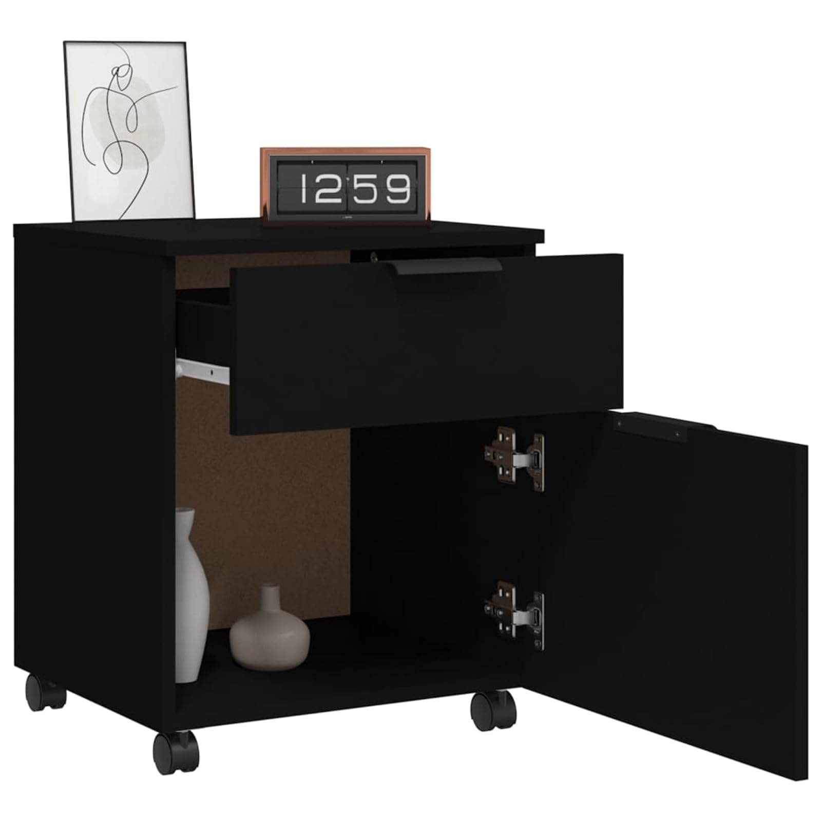 Schedario con Ruote Nero 45x38x54 cm in Legno Multistrato,Cassettiera, Mobiletto da Ufficio con Serratura,Regolabile per Cartelle Sospese, Superficie Testurizzata, per Ufficio, Studio