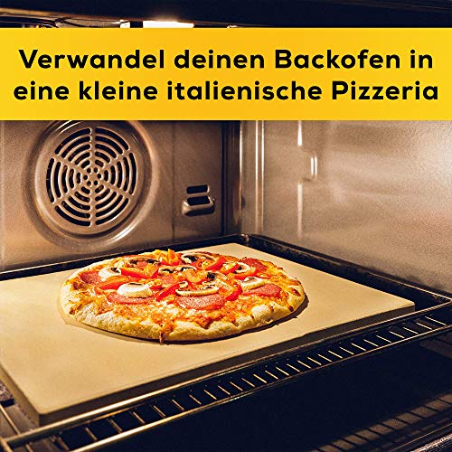 Foto von GARCON® Pizza Zubehör Set 4-teilig – Pizzastein, Pizzaschieber, Pizzaschneider & Kochbuch für Backofen, Gasgrill, Flammkuchen und Brot
