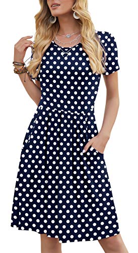 DouBCQ Women s Casual Short Sleeve Flowy Pleated Loose Dresses with Pockets (Polka Dot Navy Blue, M)