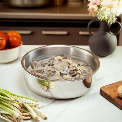 Image of JAGGERY Triply Stainless Steel Shallow Tope 2.5 Litre (22 cm) | Induction & Gas Compatible Patila | Fry Pan | Heavy Duty Stainless Steel Cookware