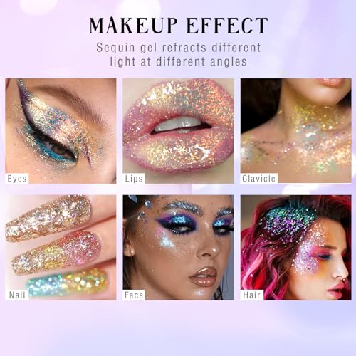 HOSAILY Gel de glitter corporal holográfico roll-on para corpo e rosto, gel de glitter camaleão que