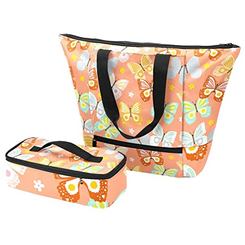 Grand sac fourre-tout et boîte à déjeuner Papillons multicolore
