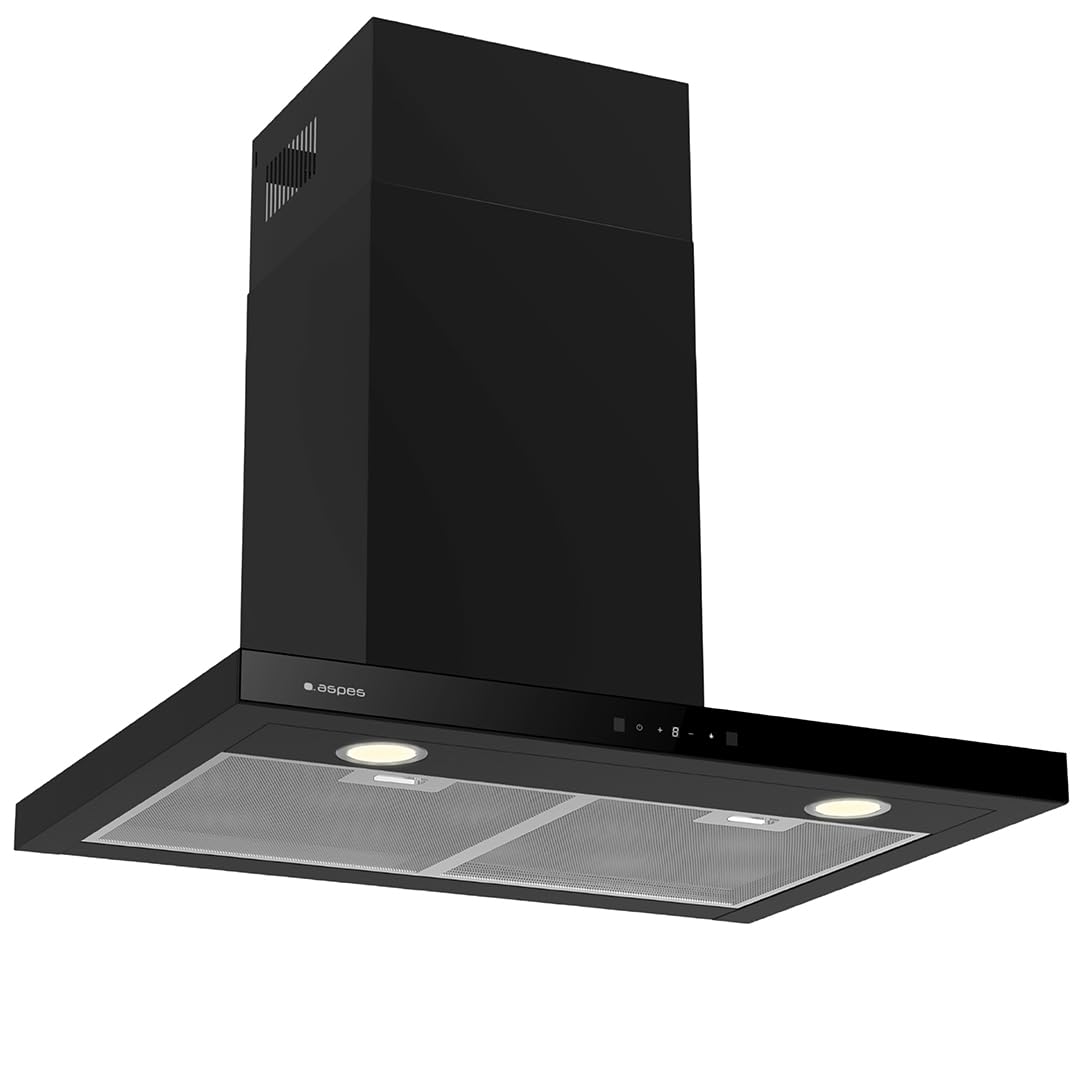 Aspes Campana Extractora Tipo T 70cm, Cristal Negro, ACPT700AN. Potencia 634m3/h, 3 Velocidades, 2 Filtros, 68 dB Nivel Sonoro, Control Táctil, Filtros aptos para Lavavajillas