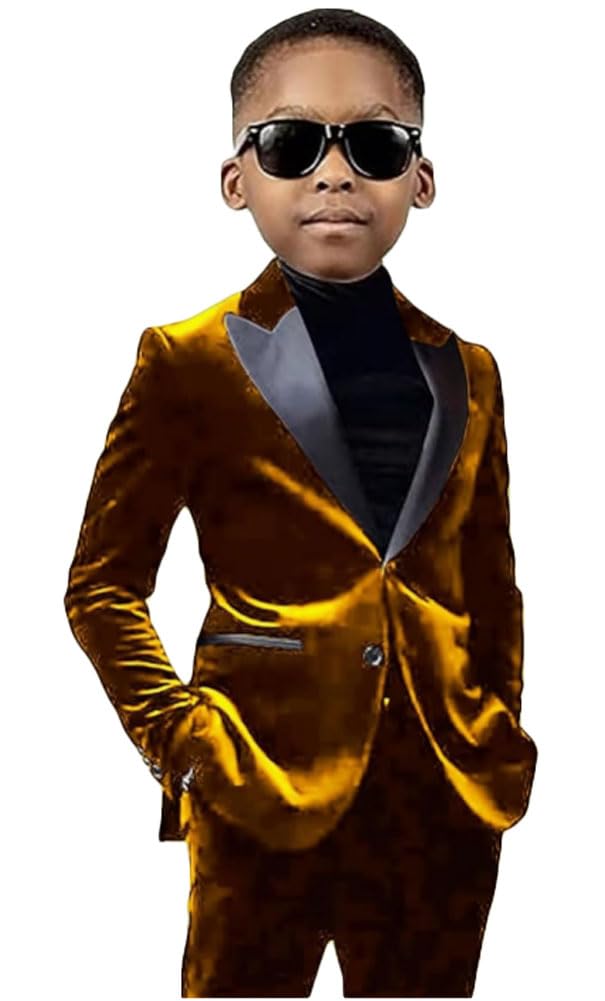 Boys 2 PC Velvet Tuxedos Suit Two Buttons Boys Formal Suit Notch Lapel Blazer Pants Boys Suit for Wedding Gold 10T