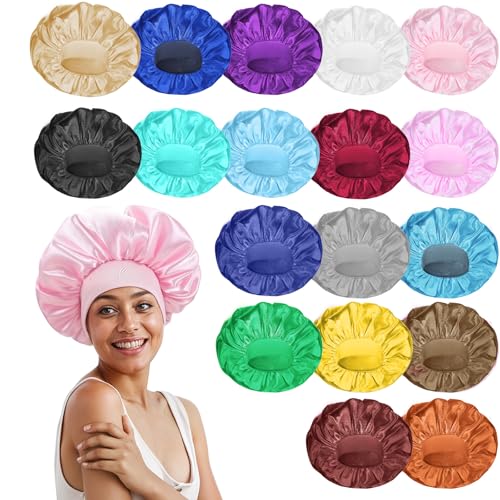 COMNICO Large Satin Bonnets for Sleeping, 18 Pcs Elastic Wide Band Hair Bonnets Soft Silky Sleep Cap Solid Color Hairs Wrap Reusable Shower Cap for Black Women Curly Hair Braids