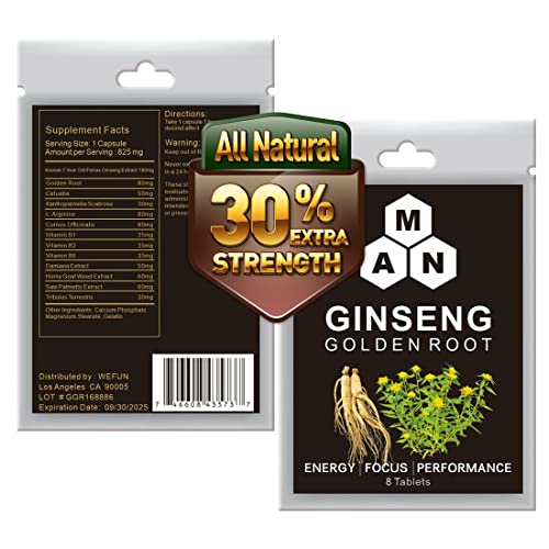 WeFun Korean Red Panax Ginseng with Goldenseal Root - 8 Vegan Capsules Extra Strength Root Extract Powder Supplement for Men - Supports Energy, Endurance and Performance