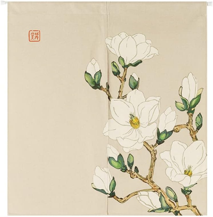 Chinese Bedroom Partition Door Curtain Magnolia Flower Printed Japanese Noren Doorway Curtain Cotton Linen Feng Shui Door Curtain, 33.5" x 35.5"