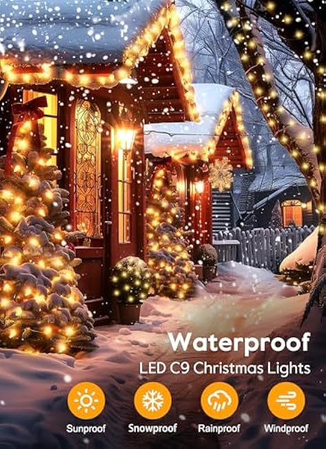 C9 Christmas Lights Outdoor, 33 FT 50 LED Connectable C9 String Lights with 8 Modes and Timer Extendable Xmas Tree Patio Roofline Garden Yard Holiday Party Indoor Outdoor Decoration, Warm White