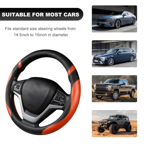 Image of Car Steering Wheel Cover, 15 Inch Premium Leather Breathable Non-Slip Wheels Wrap, Universal Auto Comfortable Steering Wheel Protector for SUV Truck Van, Car Accessories (Orange)