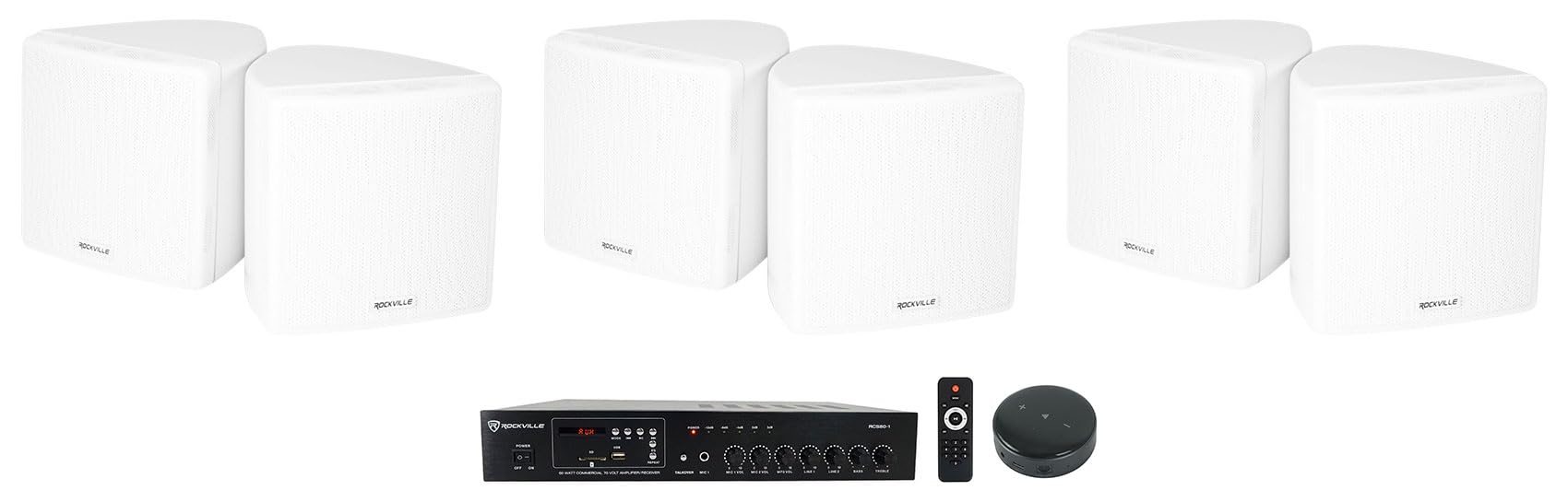 Rockville (1) RCS80-1 60 Watt 70v Commercial/Restaurant Amplifier/Bluetooth Receiver Bundle with (6) Cube 3.5