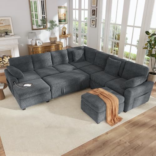 Image of Hanherry 106 inch Sectional Sofa with Pull Out Couch Bed,7 Seat Corduroy Sleeper Sofa with 2 Seat Storage & USB Charging,Storage Ottoman,Comfy Modular Couches for Living Room,Apartment