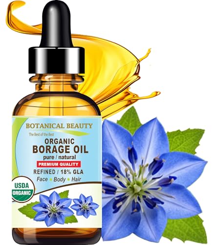 Botanical Beauty Certified Organic BORAGE OIL 18% GLA Refined 100% Pure 100% Natural Cold Pressed Carrier Oil for Face Skin Hair Lip Nails. Anti-Aging. Rich in Vitamin E Omega 6 (0.5 Fl Oz 15 ml)