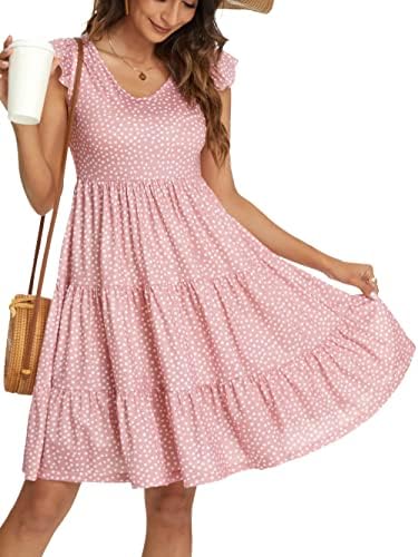 Maloura Womens Summer Tiered Sleeveless Babydoll Dress V-Neck 2022 Casual Mini Tunic Dress Ruffle Cuff Short Sundress Pink Dot M