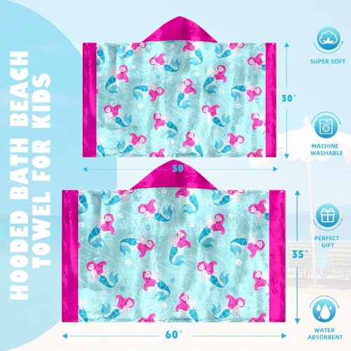 Image of Mermaid Girls Beach Towel with Hoodie for Kids Toddlers Age 4-8, Pink Blue Bath Towels Shower Wrap for Girls, Hooded Poncho Beach Blanket for Pool Swimming Cute Wearable Bath Towel for Child