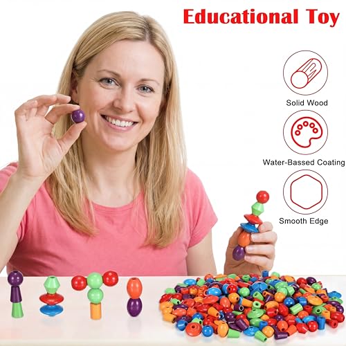 Image of Shappy 324 Pcs Wooden Lacing Beads for Wooden String Beads Threading Toys Montessori Lacing Toys Fine Motor Skills Developmental Educational Plaything Sensory Occupational Activities Autism OT