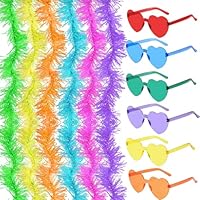 GWAWG Bunte Federboas mit 6 rahmenlosen Sonnenbrillen, künstliche, flauschige Boas für Damen, 1,8 m Federboas, bunte Federboas für Party, Karneval, Halloween, 6 Stück