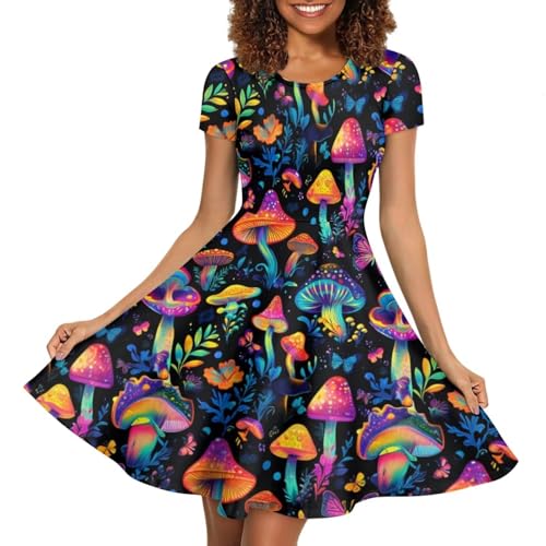 Image of HUGS IDEA Womens Puffy Swing Midi Dress Round Neck Short Sleeve Party A-Line Dresses