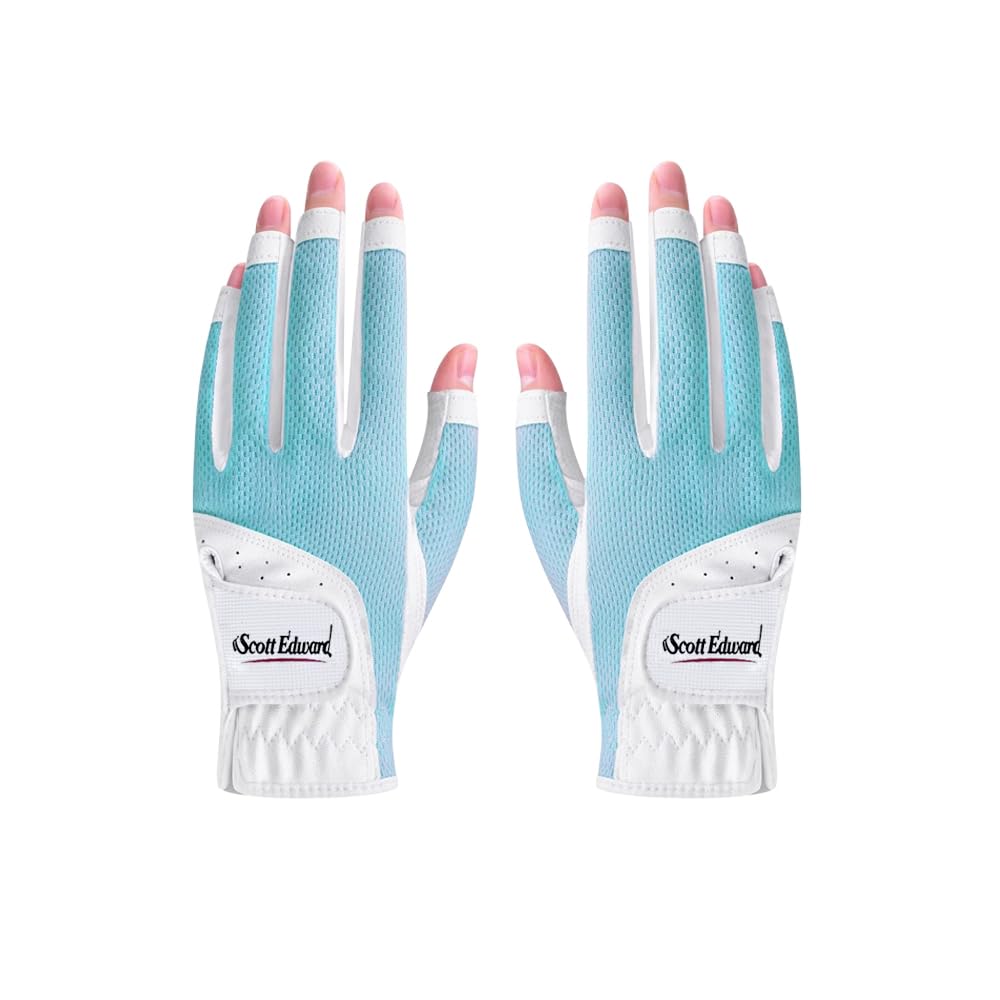 Scott Edward 1 Pair Open-Finger Women's Golf Gloves 2 Pack Left Right Hand Lady Fingerless Golf Gloves PU and Microfiber Breathable Mesh Fabric Cool
