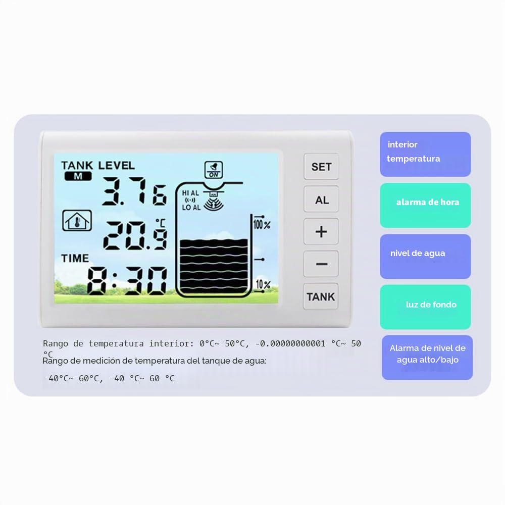 Indicador de nivel ultrasónico inalámbrico para tanques de agua con sensor de temperatura e indicador de tiempo