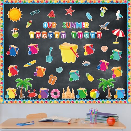 CPicdn Juego de 118 piezas de decoración de tablón de anuncios de verano, nuestras listas de cubos de verano, adornos de bordes, etiquetas de nombre para el sol, playa, hogar, escuela, aula
