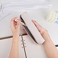 Vista 5 de Oyachic Estuche de lápices blanco, bolsa pequeña para lápices, bolsa de cuero larga para bolígrafos de maquillaje estético