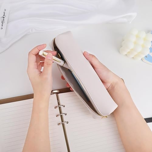 Miniatura 5 de Oyachic Estuche de lápices blanco, bolsa pequeña para lápices, bolsa de cuero larga para bolígrafos de maquillaje estético