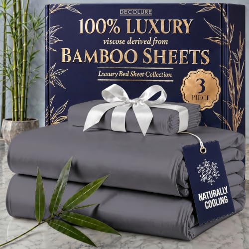 Image of DECOLURE 100% Viscose Derived from Bamboo Sheets Twin Size - Luxury 3 Pc Naturally Cooling Sheets, Ultra Soft Bed Set - Deep 17 inch Pockets, Durable Double Stitching, Oeko Tex Standard (Grey)