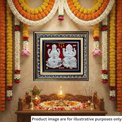 Image of 999 Silver Ganesh Lakshmi Frame | Pooja Room Diwali Corporate Gift | 22 x 20 CM | Purity Certificate | Wall Mount Frame | Home Office Decor (Silver, Ganesh Lakshmi)