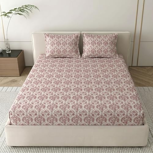 Image of Mafatlal 186 TC Grace Pure Cotton Double Size Bedsheet | 90 x 100 Inch | Soft Breathable Cotton Bed Sheet Set with 2 Pillow Covers | Ruby Red