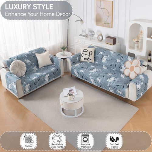 Image of HOKIPO Reversible Quilted Sofa Cover 3 Seater and 2 Seater Set, 5 Seater(3+2) Sofa Cover, Easy Drape Series, Blue Blossom (IN-1101 + IN-1100-ED1)