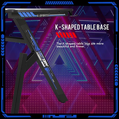 Image of FDW Computer Desk Gaming Desk Student PC Desk Writing Desk Office Desk Modern Ergonomic Racing Style Table Workstation Carbon Fiber Headphone Hook (47in, Blue)