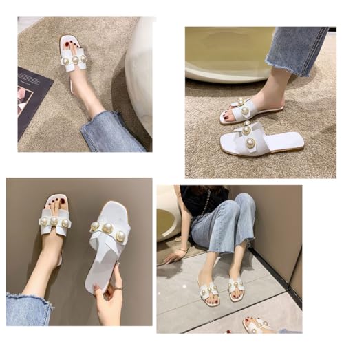 Women's White Flat Sandals with Pearl Open Toe Non-Slip Slippers Fashion Slides for Summer4