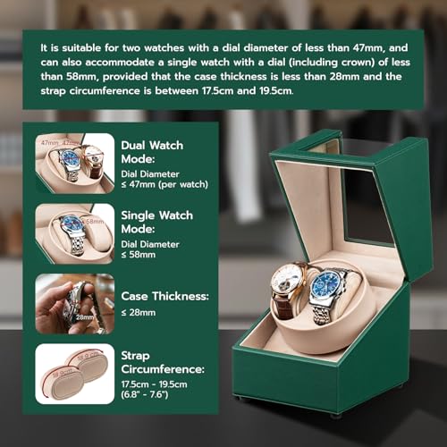 Image of Mcbazel Watch Winder 2 Watches Automatic Watch Display Watch Winder Storage Rotation Watch Box Watches Turner with 2 Slots Crocodile Leather Pattern - Green