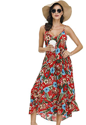 Buenos Ninos Women's V Neck Floral Maxi Dress Boho Printed Adjustable Spaghetti Strap Ethnic Beach Long Dress With Pockets Xl Red Dress #TOP4